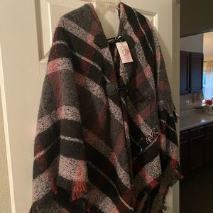 Jessica Simpson branded multi-colored plaid poncho with hood and closures